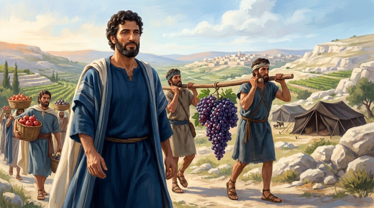 Calebe à frente dos doze espias, que voltam de Canaã carregando um enorme cacho de uvas
