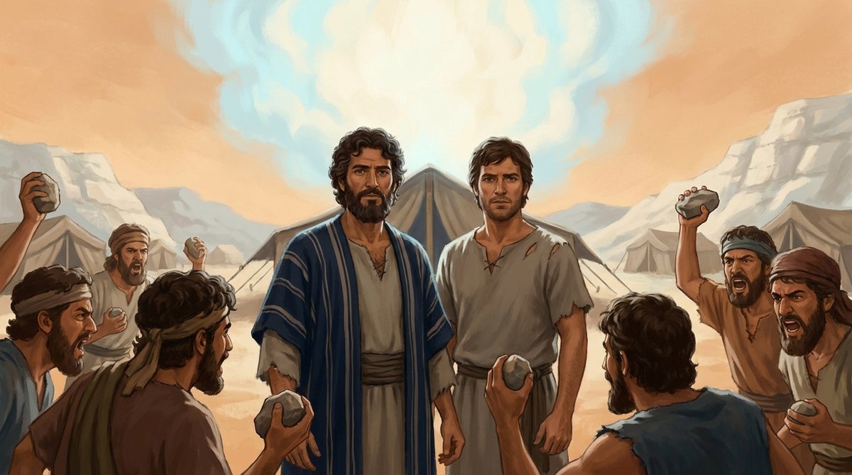 Calebe e Josué, com as roupas rasgadas, diante da multidão com pedras nas mãos; a glória do Senhor brilha no tabernáculo