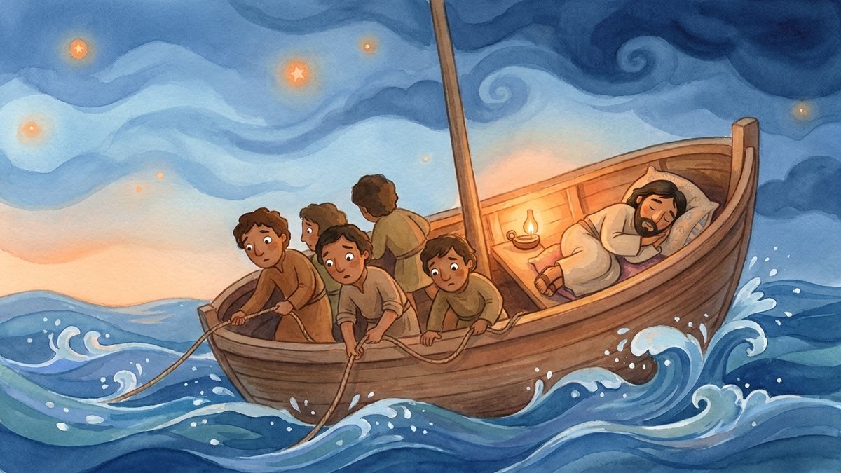 Jesus dormindo sobre um travesseiro na popa do barco, enquanto o vento agita as ondas