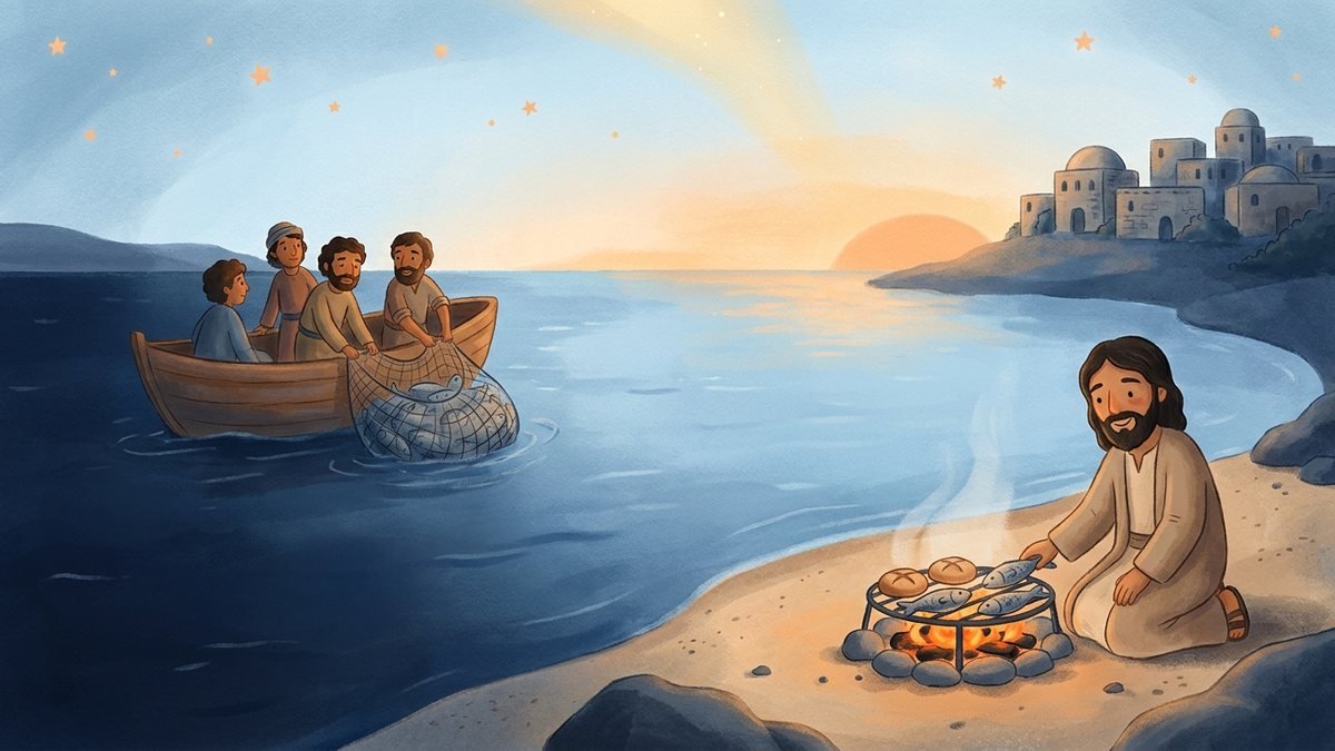 Jesus na praia, ao nascer do sol, com peixe e pão na brasa, esperando os discípulos