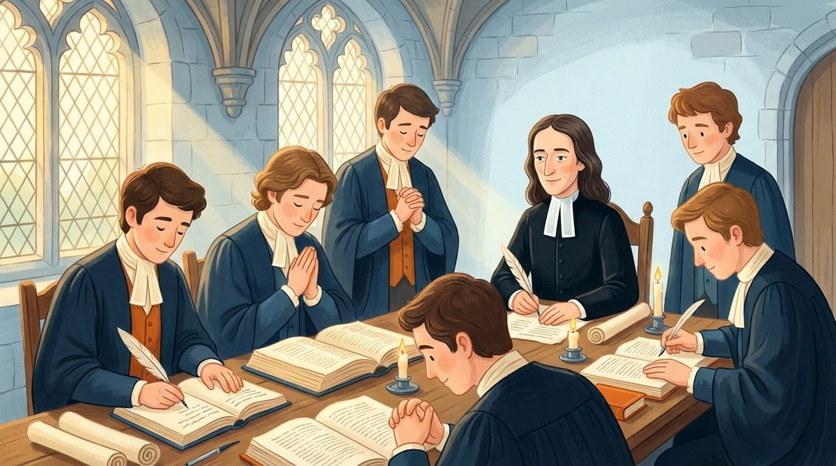 John e Charles Wesley com os amigos do Clube Santo, estudando a Bíblia e orando numa sala de Oxford