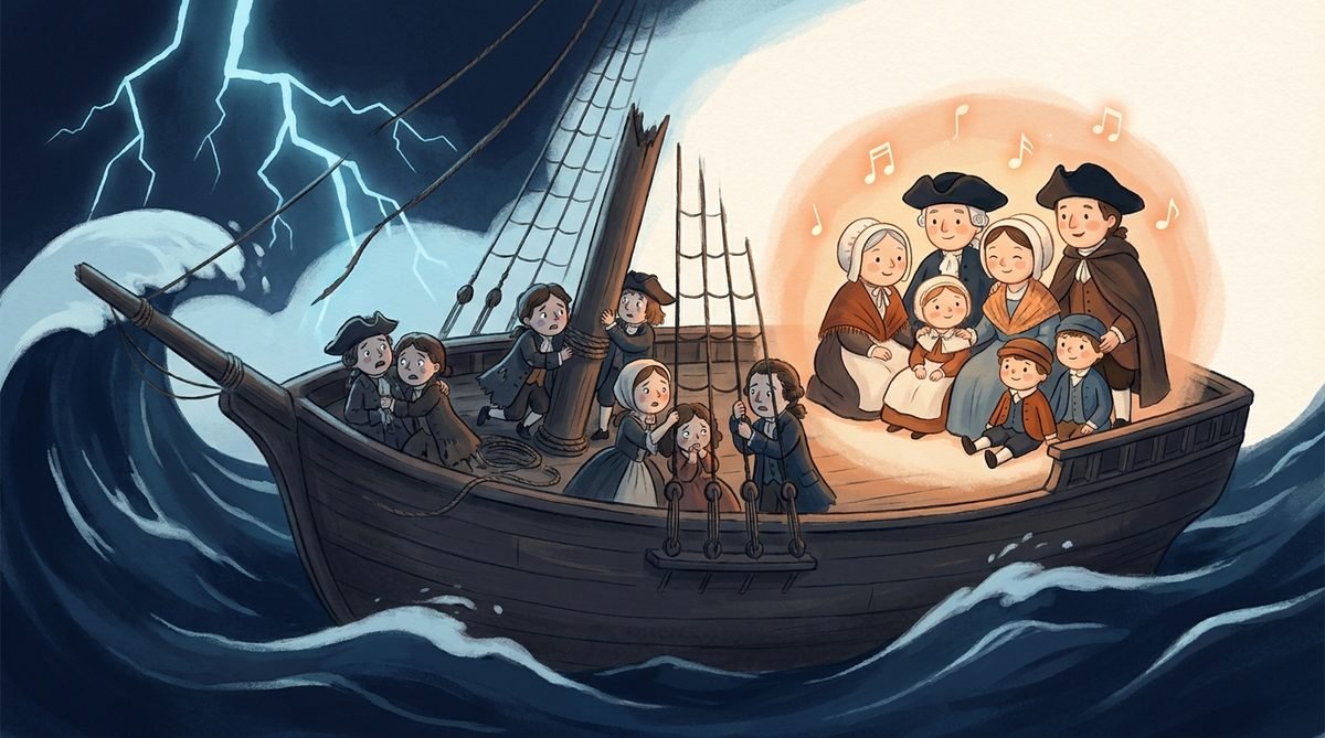 O navio na tempestade, com o mastro quebrado; passageiros assustados e, num canto, os morávios cantando com calma