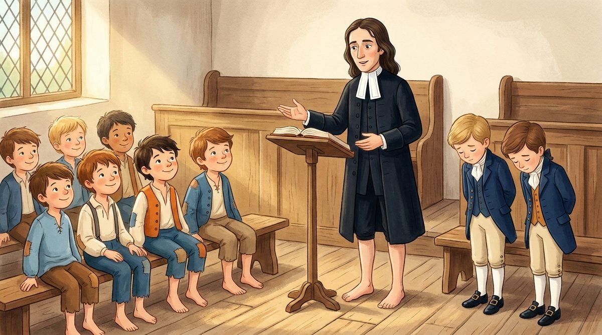 John Wesley, de terno completo e descalço, ensinando a Bíblia a meninos pobres, também descalços