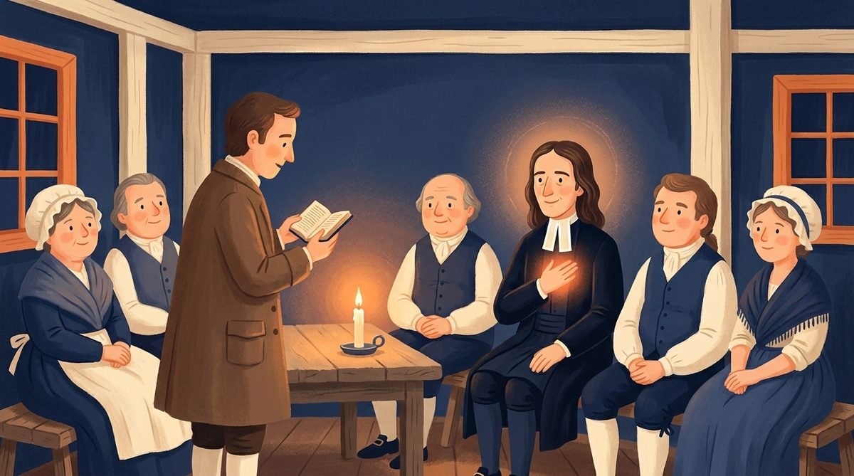 O pequeno culto em Aldersgate: alguém lê à luz de vela e John Wesley, sentado, sente o coração aquecido