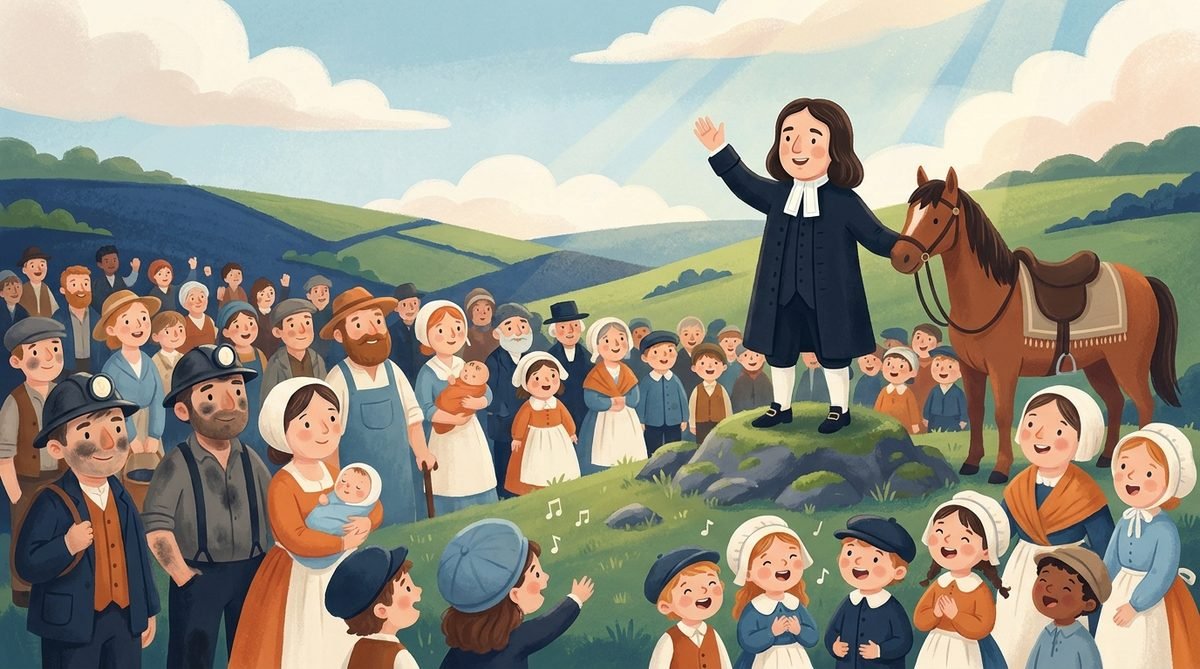 John Wesley pregando ao ar livre numa colina, com o cavalo ao lado e uma multidão de mineiros, famílias e crianças cantando