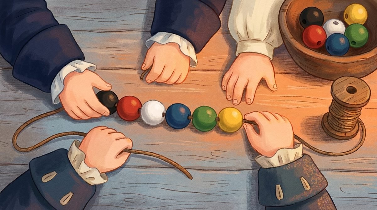 Mãos de crianças montando a pulseira do evangelho com as miçangas preta, vermelha, branca, azul, verde e amarela