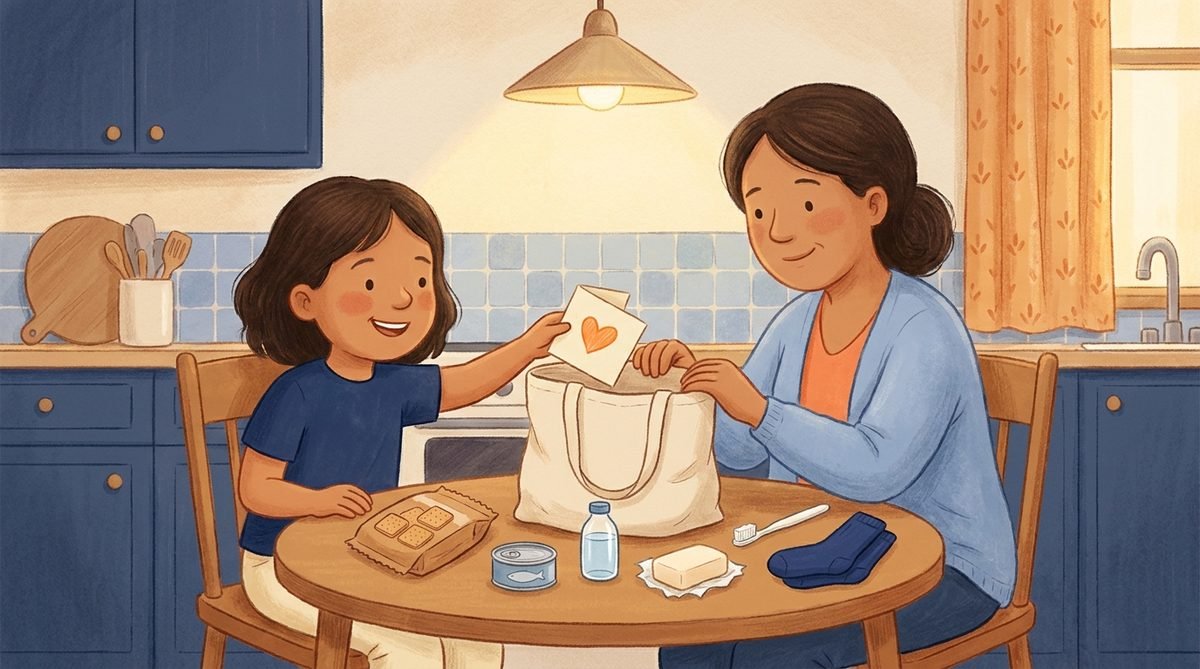 Mãe e filha montando a Sacola da Bênção na cozinha: biscoitos, lata, água, sabonete, escova, meias e um bilhete com coração