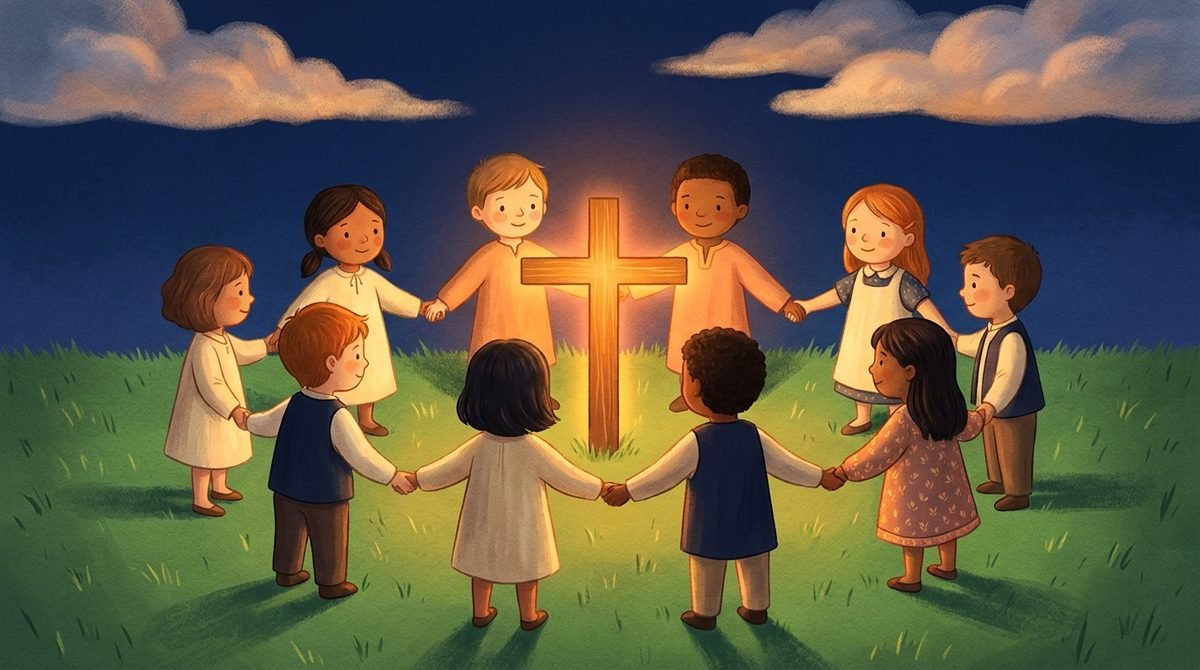Crianças de muitas cores de mão dadas em roda ao redor de uma cruz iluminada