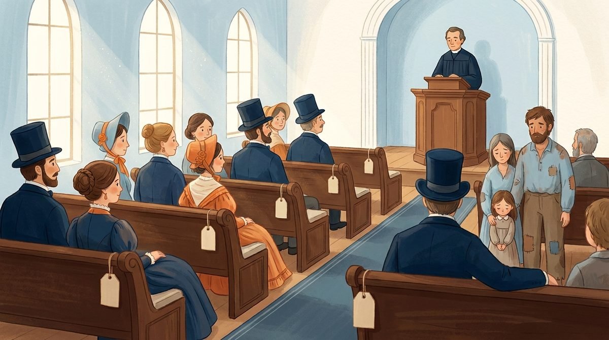 Igreja do século 19 com bancos etiquetados com preço: famílias ricas na frente e uma família pobre em pé, no fundo