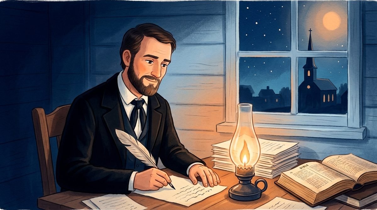 B.T. Roberts escrevendo artigos à luz de lamparina, com a Bíblia aberta ao lado
