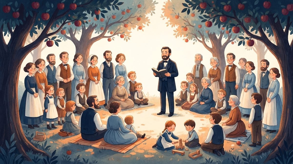 Famílias reunidas em roda sob as macieiras de Pekin, em 1860, ouvindo B.T. Roberts: o nascimento da Igreja Metodista Livre