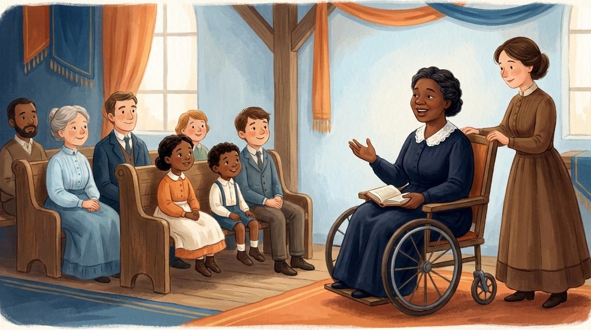 Eliza Suggs, em sua cadeira de rodas, falando de Jesus a famílias reunidas numa igreja simples