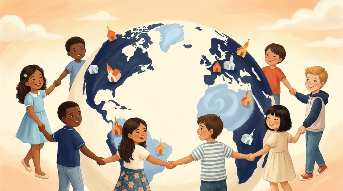 Crianças de vários países de mãos dadas ao redor do globo: uma família de igrejas em mais de cem países
