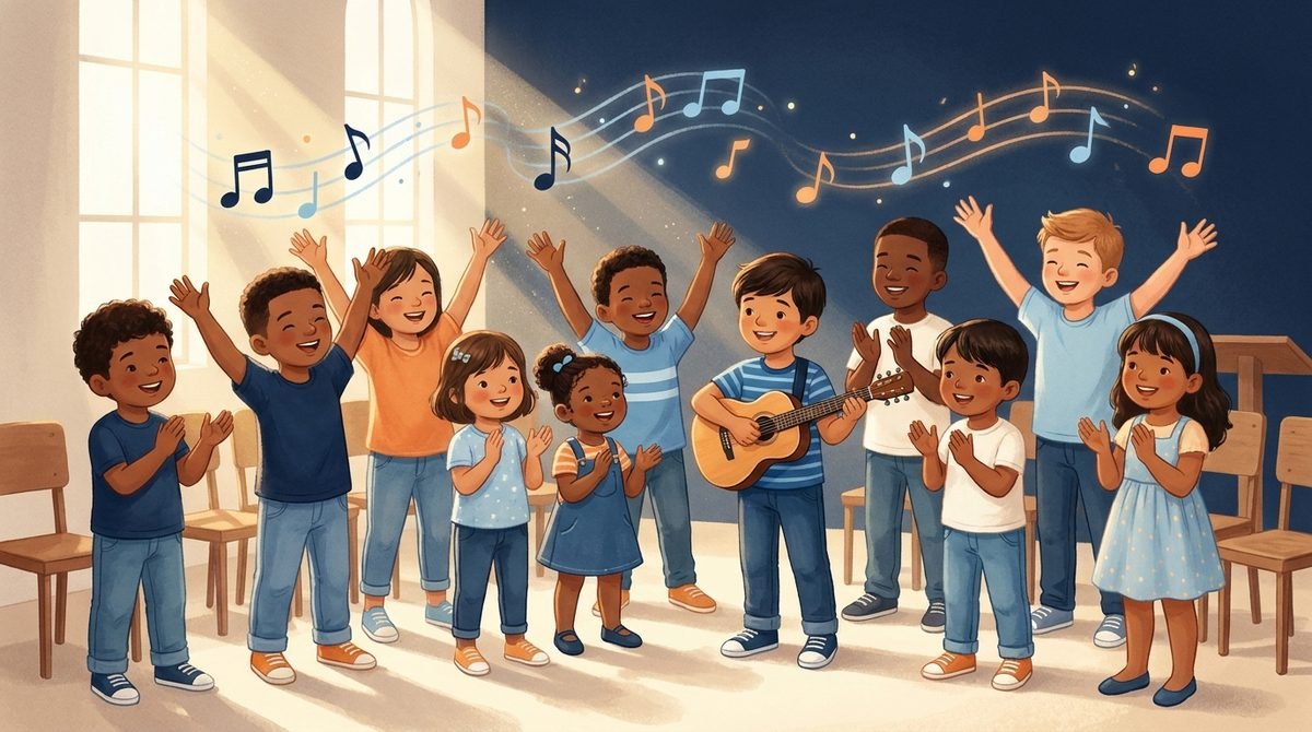 Crianças de braços erguidos adorando a Deus numa igreja simples, com notas musicais no ar