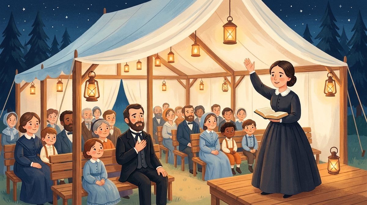 Culto de acampamento à noite: Phoebe Palmer prega numa tenda iluminada e B.T. Roberts ouve emocionado na primeira fila