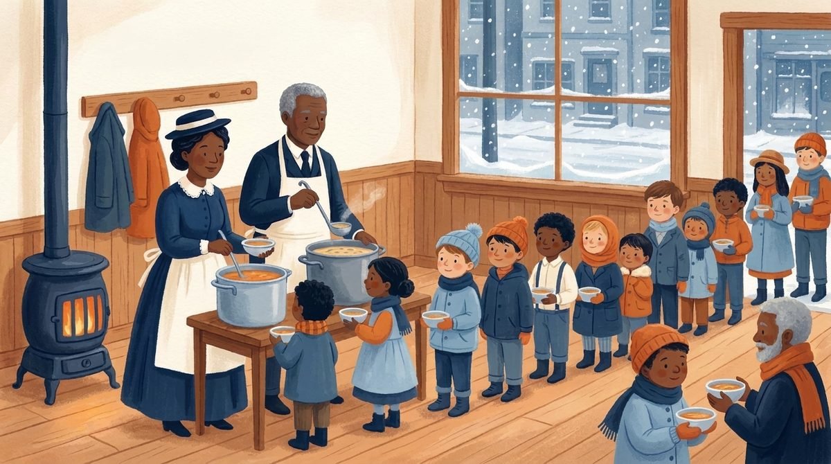 Emma Ray e o marido servindo sopa e pão a crianças pobres numa missão, no inverno de Seattle
