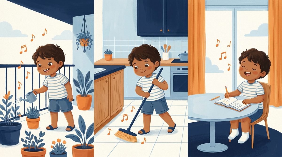Adoração no dia a dia: uma criança rega as plantas, varre a cozinha e faz a lição cantando