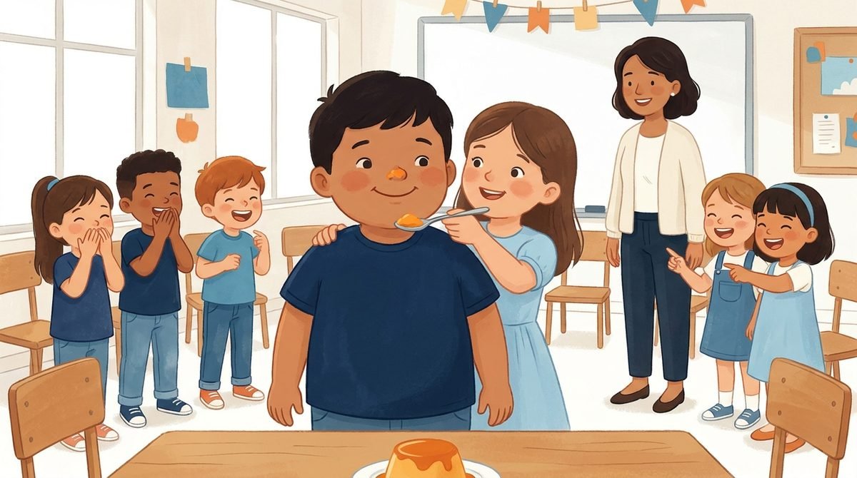 O jogo das mãos: uma criança tenta dar sobremesa ao colega usando os braços por trás dele, e a turma ri