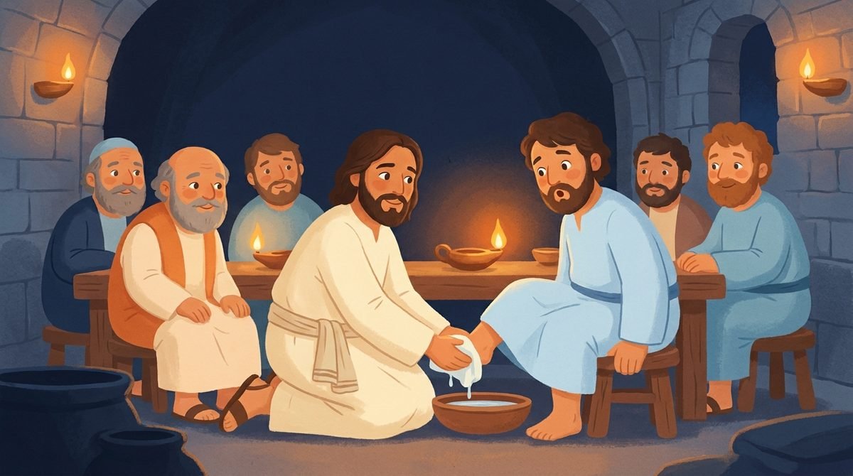 Jesus, ajoelhado com uma toalha na cintura, lava os pés de um discípulo no cenáculo