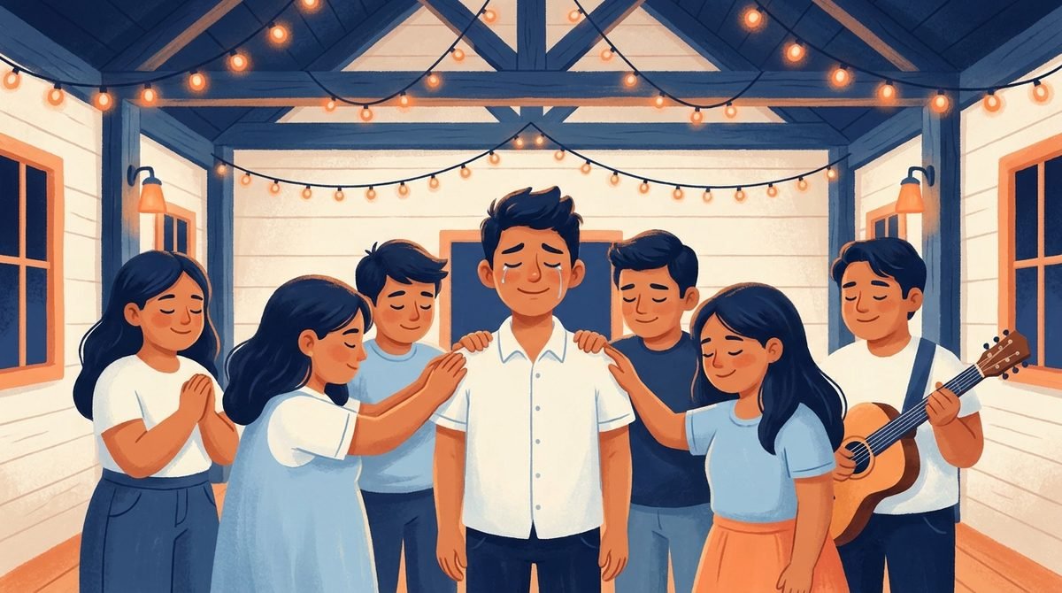 Jovens de uma igreja no México cercam Manny e oram por ele, com as mãos nos ombros dele