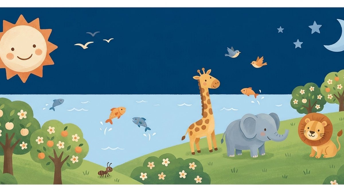 A criação: sol, lua e estrelas, mar com peixes, árvores com frutos e animais na terra