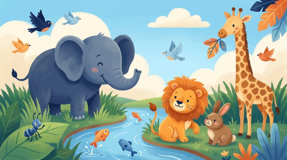 Os animais recém-criados junto ao rio: elefante, formiguinha, leão, coelho, girafa, pássaros e peixes