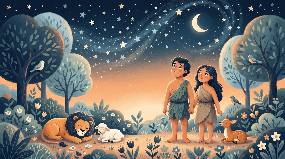 Adão e Eva no jardim, contemplando o céu estrelado com os animais descansando ao redor