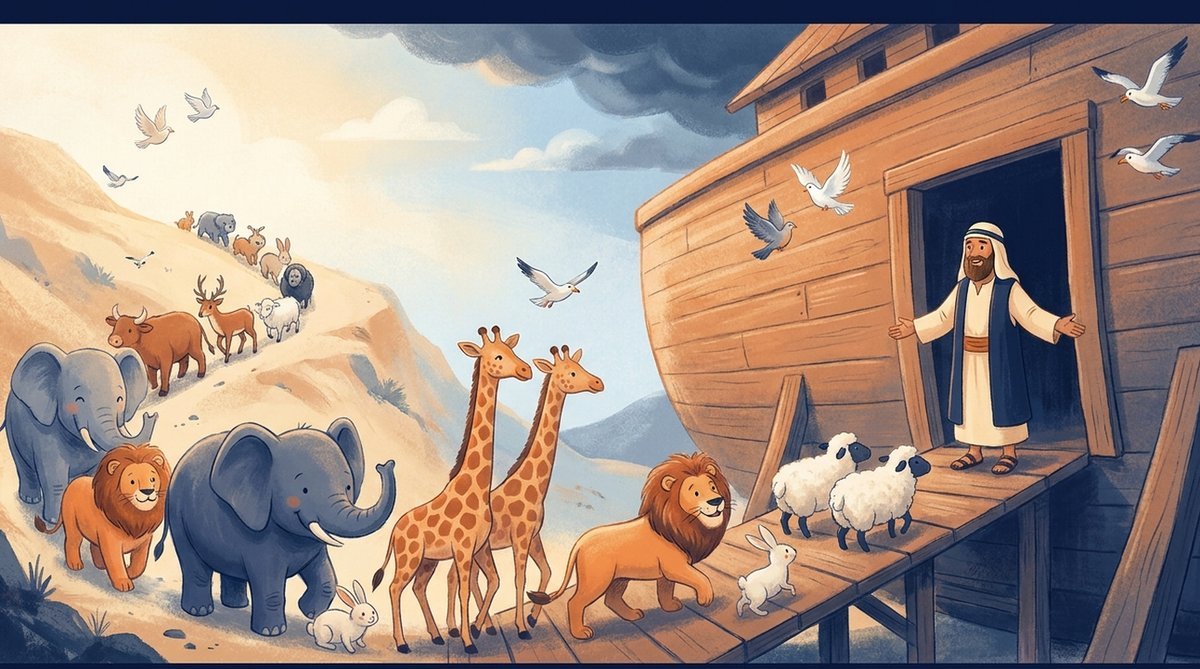 Os animais entrando na arca de dois em dois, recebidos por Noé na porta