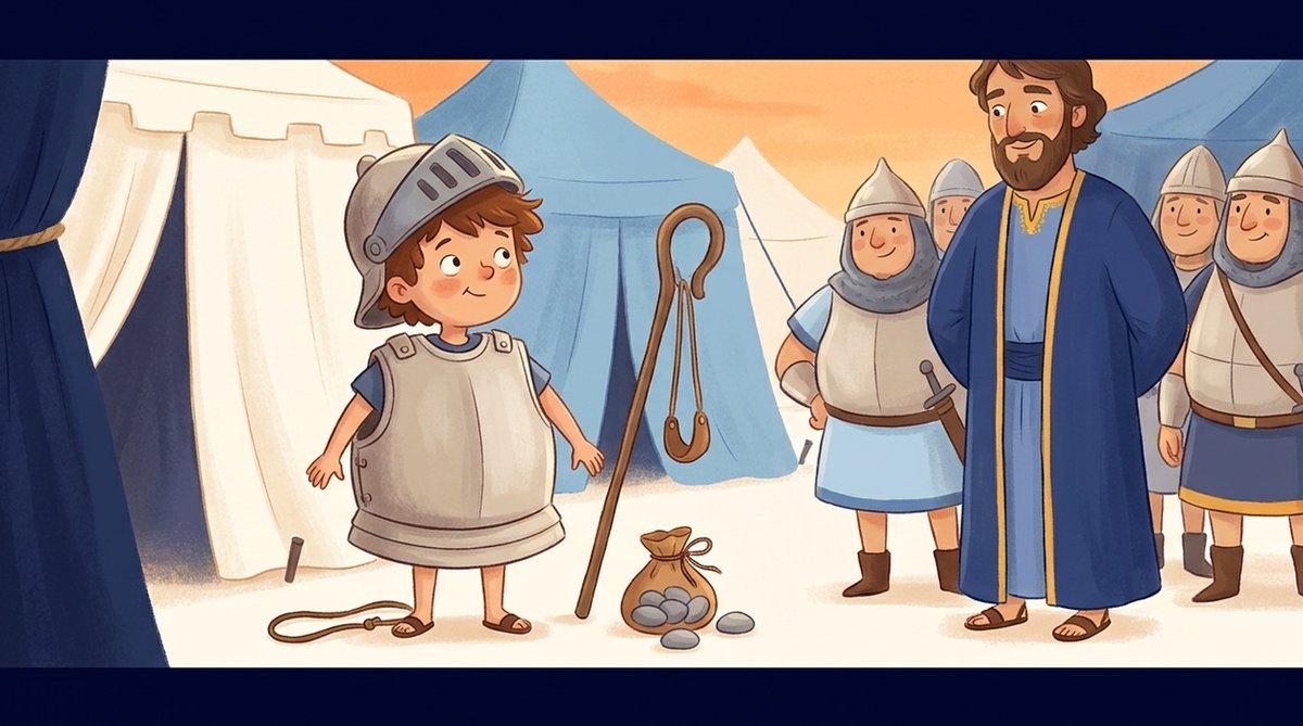 Davi vestindo a armadura grande demais do rei Saul, com o cajado, a funda e as pedrinhas ao lado