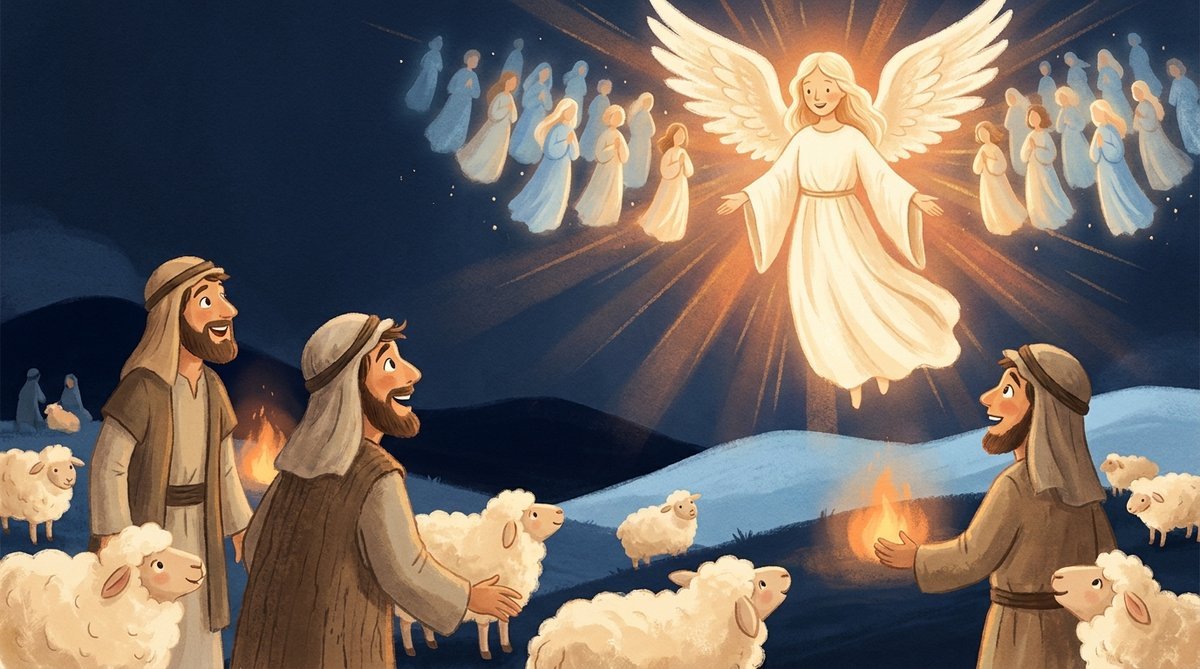 Os pastores no campo veem o anjo aparecer em luz brilhante, com muitos anjos no céu