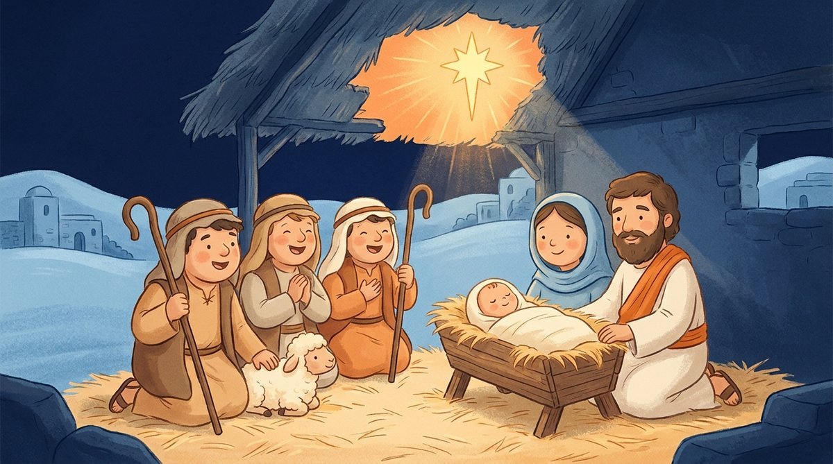 Os pastores ajoelhados adorando o menino Jesus na manjedoura, com Maria e José