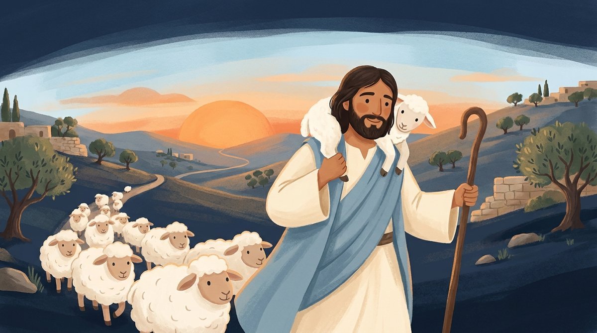 Jesus, o Bom Pastor, carregando a ovelhinha nos ombros ao entardecer, com o rebanho atrás