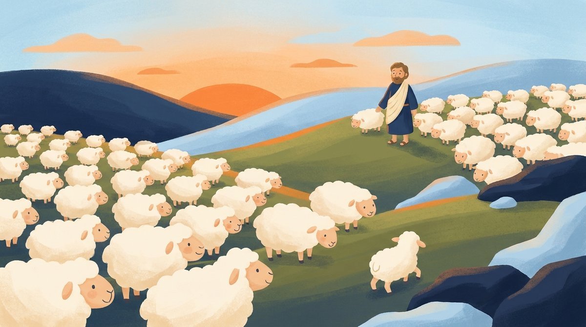 O pastor contando as cem ovelhas nas colinas; uma ovelhinha se afasta em direção às pedras