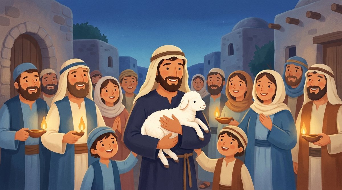 O pastor volta para casa com a ovelhinha nos braços e os vizinhos se alegram com ele