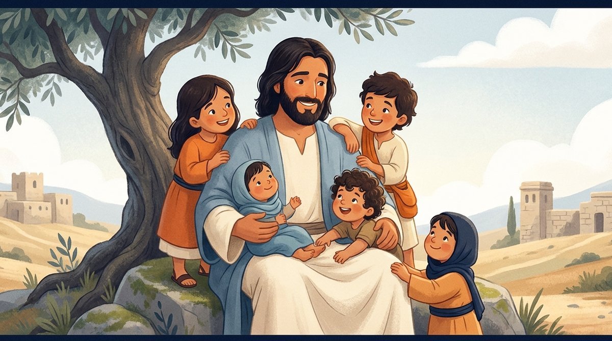 Jesus sentado sob uma oliveira, cercado de crianças, com um bebê no colo