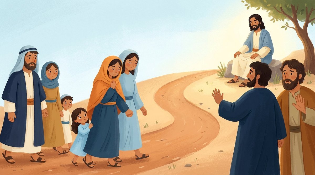 Famílias com crianças se aproximam de Jesus, mas os discípulos tentam mandá-las embora