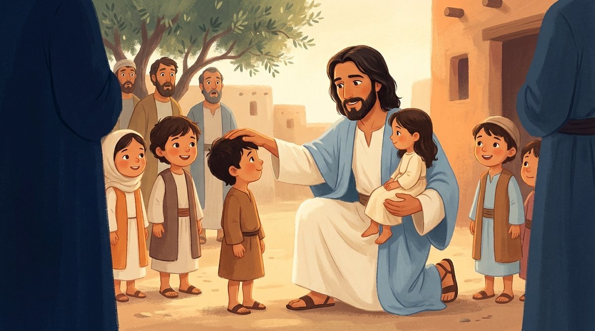 Jesus, ajoelhado na altura das crianças, abençoa um menino e segura uma menina no braço