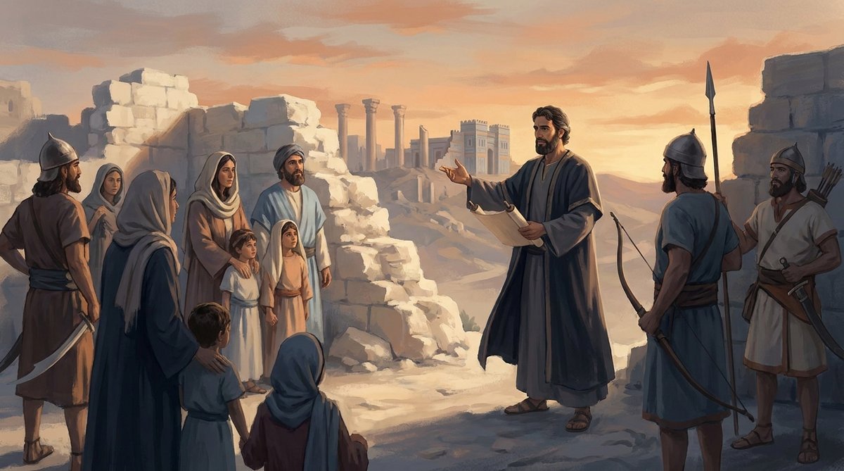 Neemias posiciona as famílias atrás do muro, com espadas, lanças e arcos (Ne 4.13)