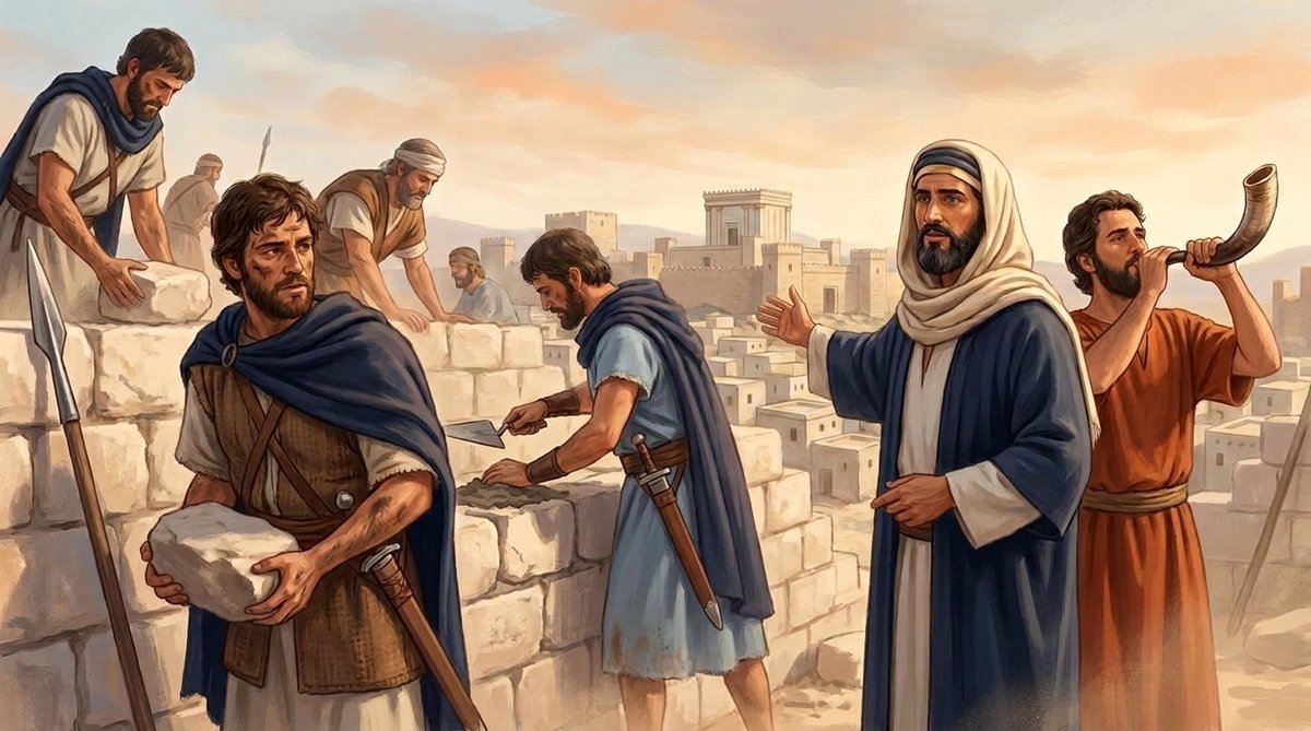 Uma das mãos na obra, a outra na arma; o trombeteiro ao lado de Neemias (Ne 4.17-18)