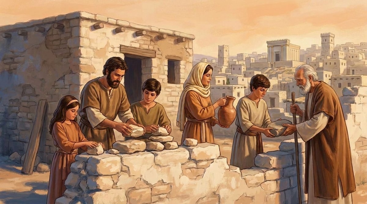 Cada família repara o muro diante da própria casa (Ne 3.28-30)