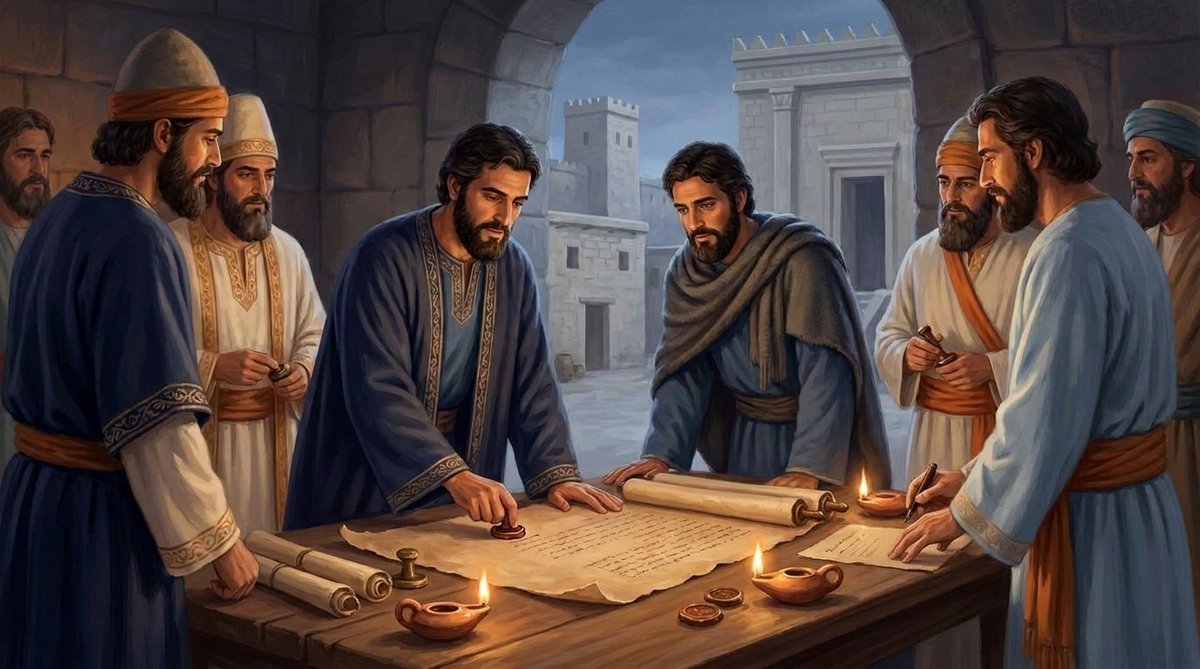 Líderes, sacerdotes e chefes de família selam o pacto diante de Deus (Ne 9.38; 10)