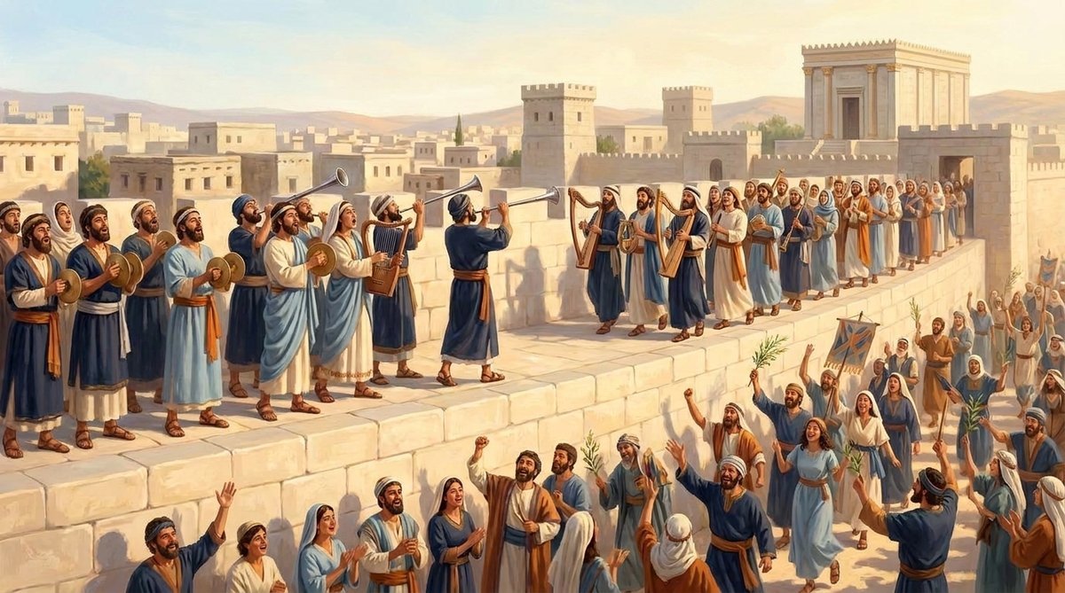 Na dedicação do muro, dois coros caminham sobre a muralha, e a alegria se ouve de longe (Ne 12.27-43)